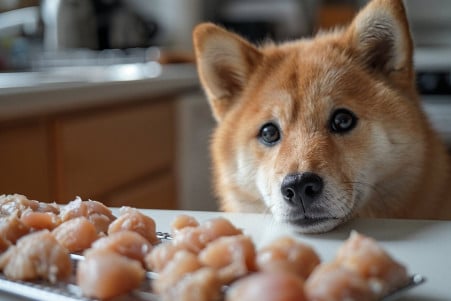 Portrait of a Shiba Inu dog intently focused on a raw chicken heart on a white kitchen counter