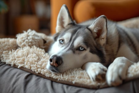 Senior female Siberian Husky resting on a soft bed, with wise eyes and toys nearby, in a warm, homely setting