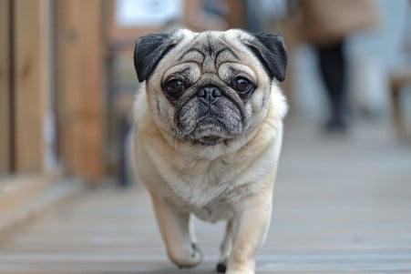 An elderly pug with a wrinkled face walking unsteadily in a continuous loop on a hardwood floor, indicating neurological or cognitive issues as it nears the end of its life.