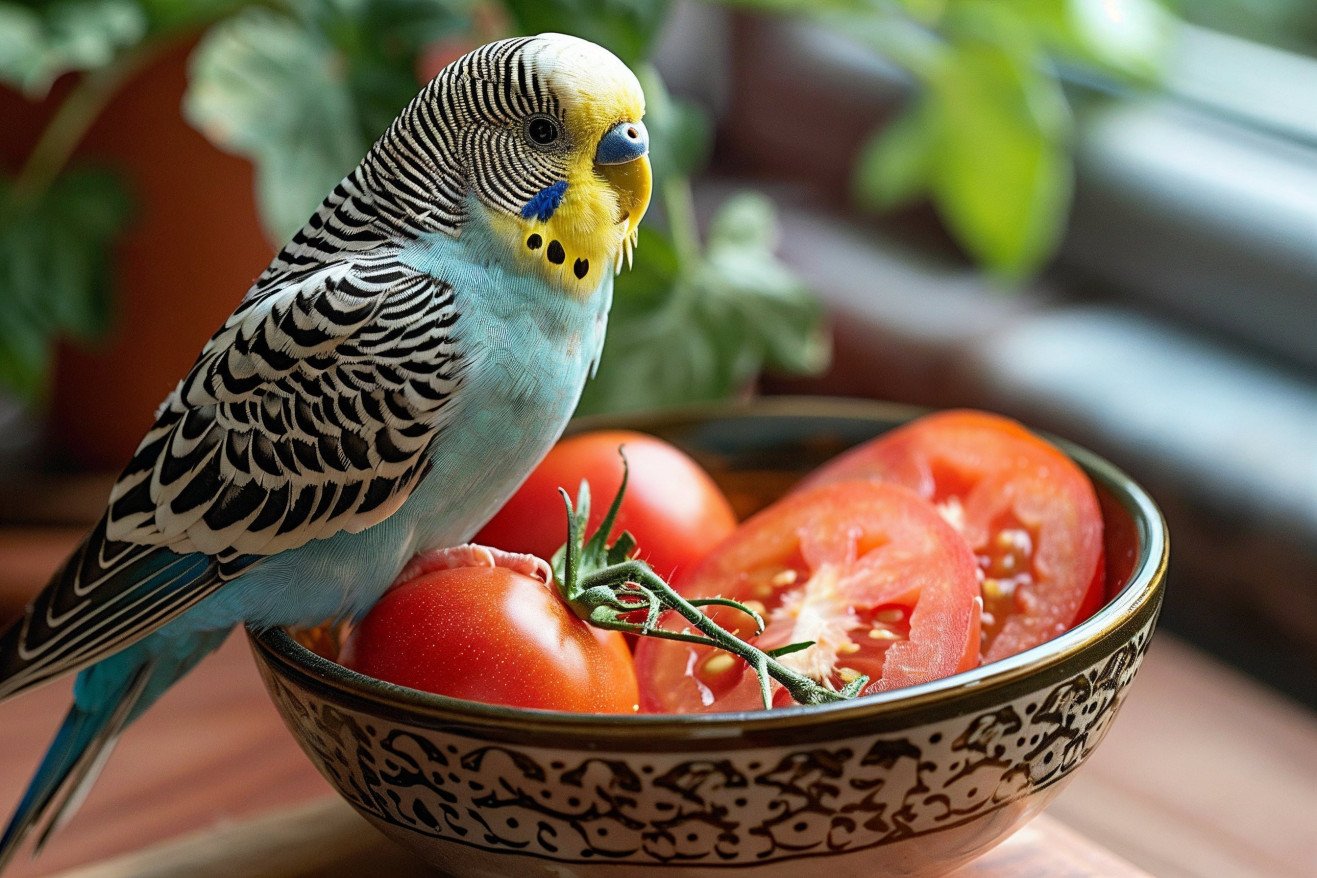 A budgie perched on the rim of a bowl, curiously looking at a slice of ripe red tomato inside