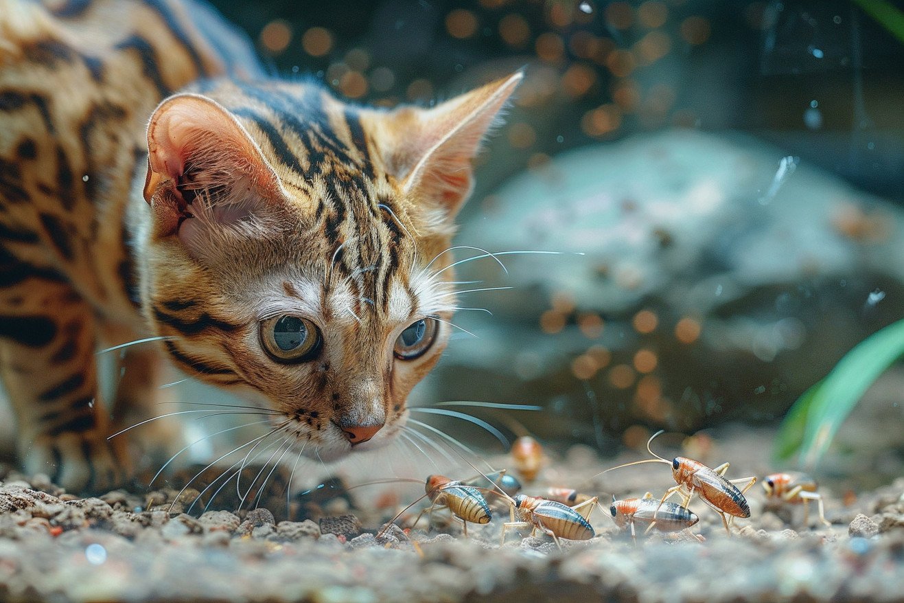 Mischievous Bengal cat with a spotted, shiny coat batting at a group of crickets in a glass terrarium