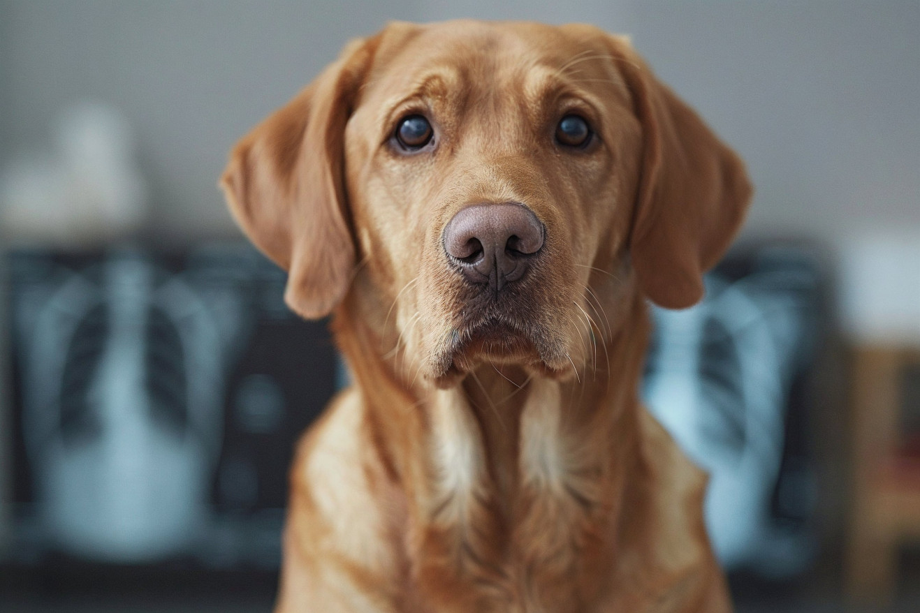 Labrador Retriever with a worried expression, its chest and abdomen X-rayed to show the outline of heartworms