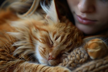 Fluffy orange tabby cat curled up sleeping peacefully on the chest of a relaxed person