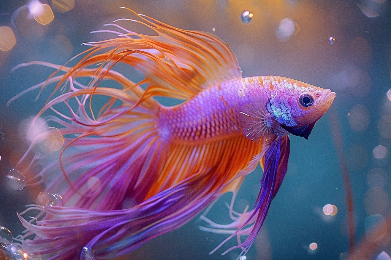 Detailed photograph of a male crowntail betta fish with long, flowing purple and orange fins surrounded by a nest of bubbles in a glass aquarium