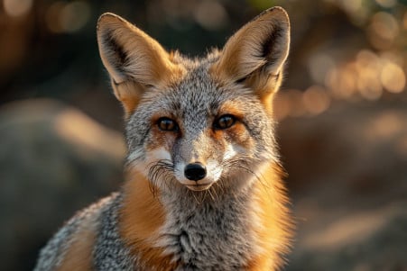 Close-up portrait of a grey fox with large rounded ears and a distinctive black facial mask, looking directly at the camera