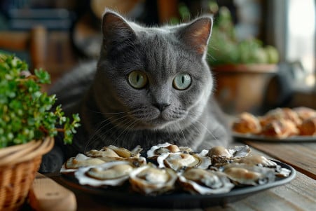 A sleek, silvery-grey cat with bright green eyes staring intently at a plate of freshly shucked oysters on a wooden table