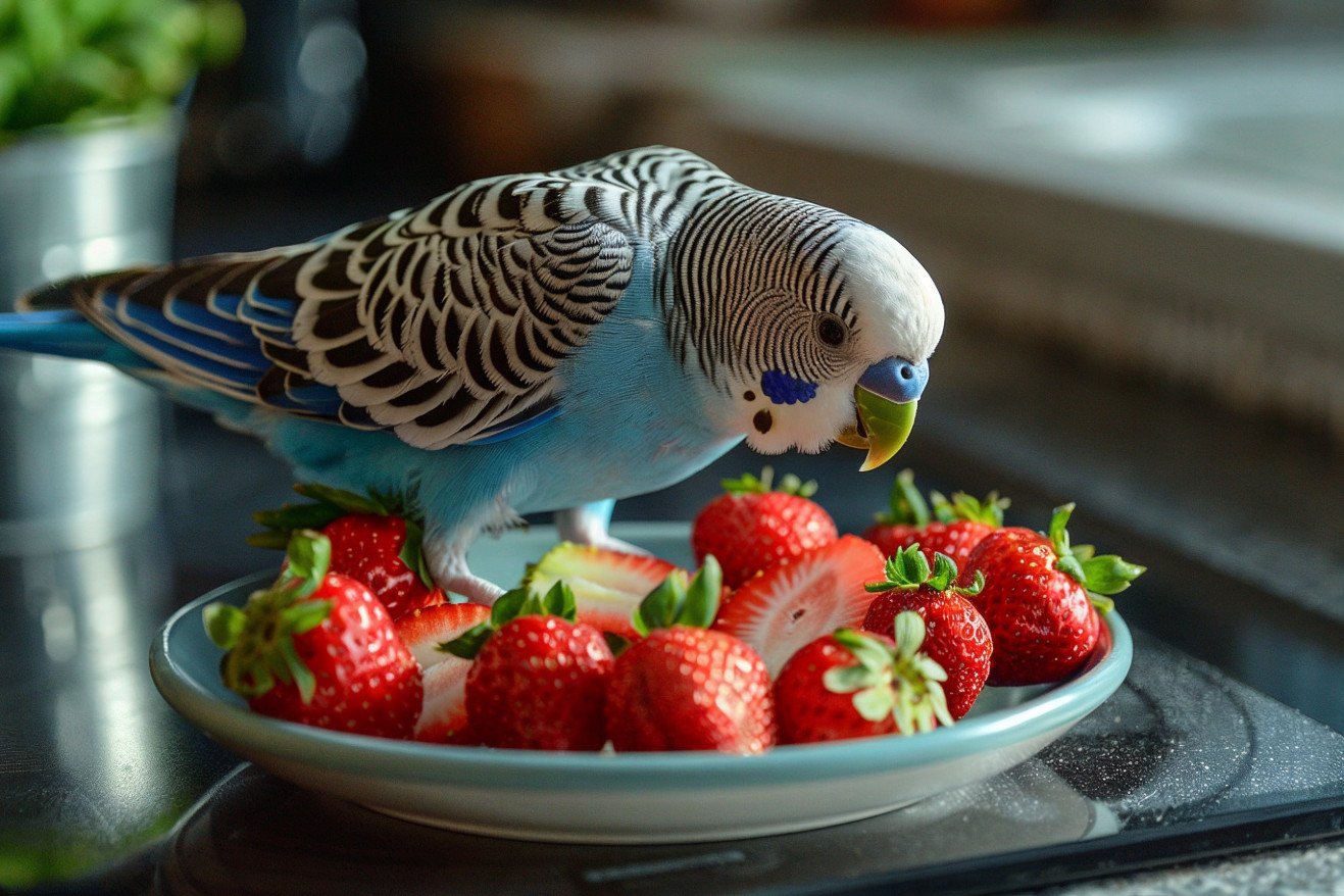 Blue parakeet with long, elegant tail fluttering around a plate of fresh strawberry slices