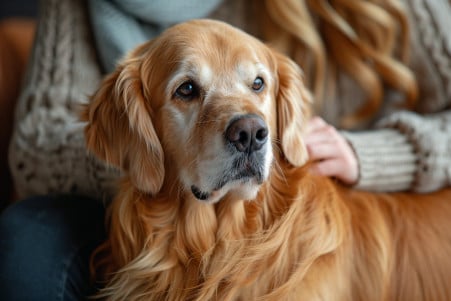 Senior Golden Retriever with shaking back legs comforted by owner in a cozy living room