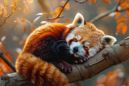A sleeping red panda curled up on a tree branch in a forest setting