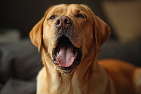 Close-up view of a Labrador Retriever's open mouth, showcasing the smooth, uvula-less palate at the back of the throat