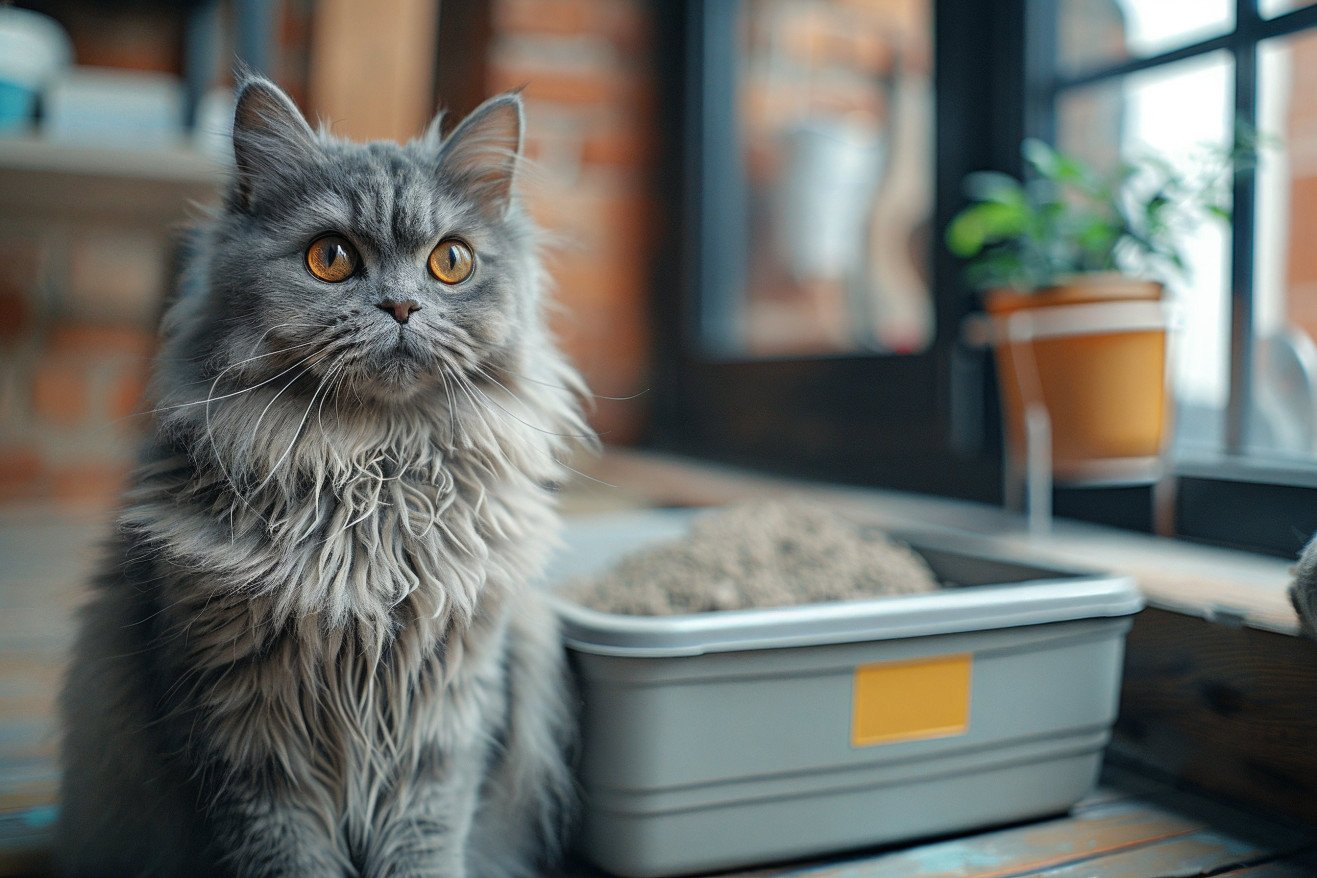Persian cat with a grey coat sitting next to an overflowing litter box, with a concerned expression on its face