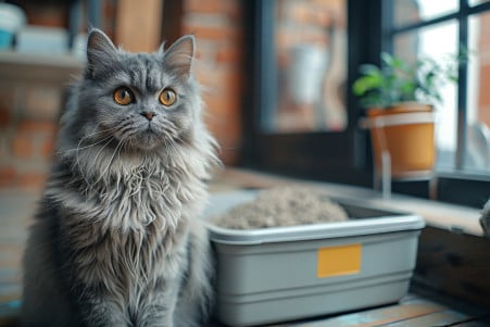 Persian cat with a grey coat sitting next to an overflowing litter box, with a concerned expression on its face