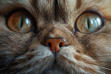 Photorealistic portrait of a Persian cat peering intently at the camera, showcasing its distinctive flat face and moist, glistening nose