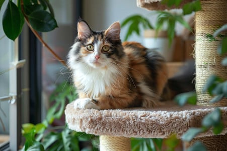 Longhaired calico cat pacing on a cat tower, with a swishing tail and dilated pupils, indicating it is in a state of estrus