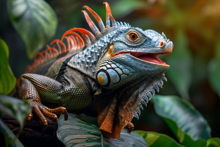 Iguana with large orange eyes and a spiky crest standing on a branch, mouth open in a hissing display, surrounded by lush jungle foliage