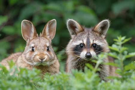 A plump, brown rabbit nibbling on grass in a meadow, with a raccoon cautiously watching from the bushes in the distance