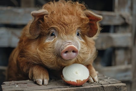 Close-up of a Kunekune pig with a thick, curly brown coat cautiously nibbling on a slice of onion