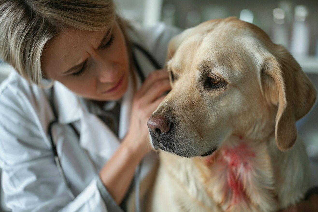 Worried Labrador Retriever owner gently examining a patch of red, blistered skin on their dog's back in a veterinary clinic setting