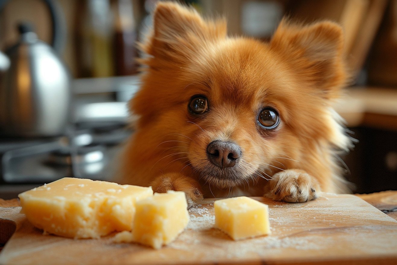 Pomeranian attentively eyeing a chunk of Parmesan on a wooden board in a warm kitchen