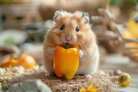 Golden hamster sniffing a sliced yellow bell pepper on a bed of timothy hay