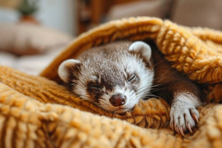A curious ferret curled up sleeping soundly in a cozy bed