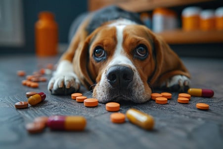 Distressed Beagle puppy lying on the floor surrounded by spilled medications and supplements