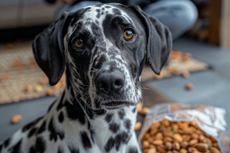 Spotted Dalmatian sitting next to an overturned bag of pistachios, with a guilty look on its face