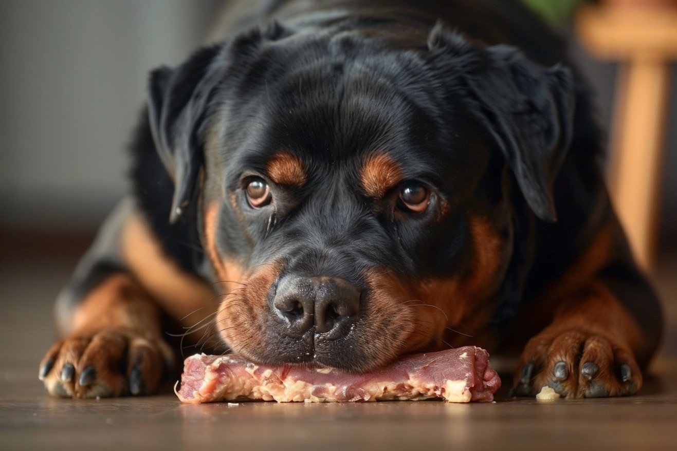 Rottweiler dog intently chewing on a large raw beef bone on a carpeted floor