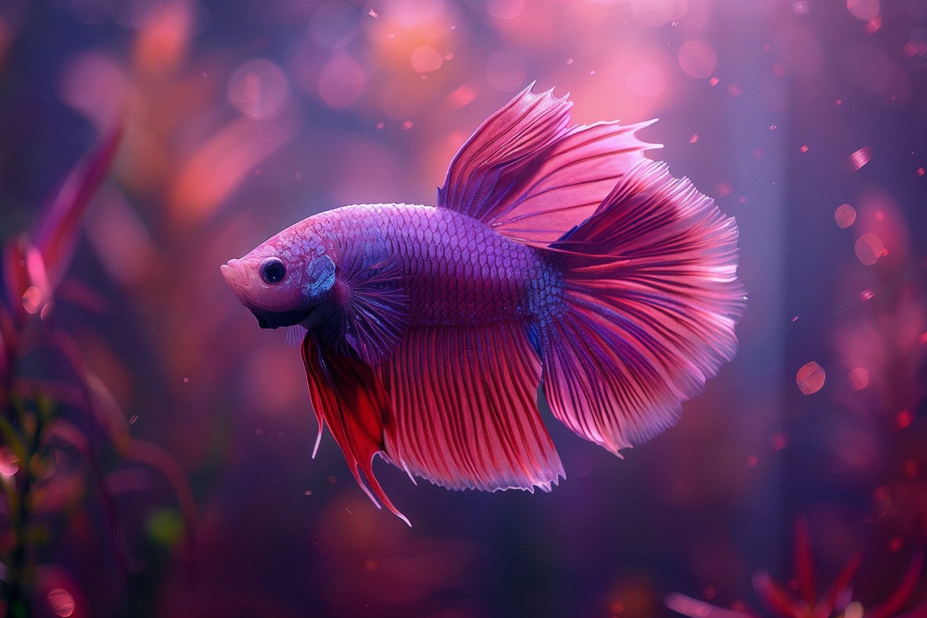Curious betta fish with vibrant purple and red colors swimming near the surface of a dimly lit aquarium