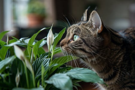 Close-up of a tabby cat sniffing at the leaves of a green peace lily plant