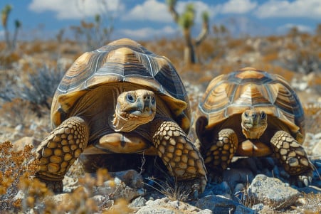 Male African spur-thighed tortoise extending neck and lifting front legs to display size to a cautious female in a desert setting