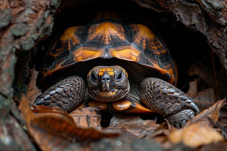 Detailed image of a medium-sized Russian tortoise nestled in a burrow-like enclosure, surrounded by dried leaves and twigs