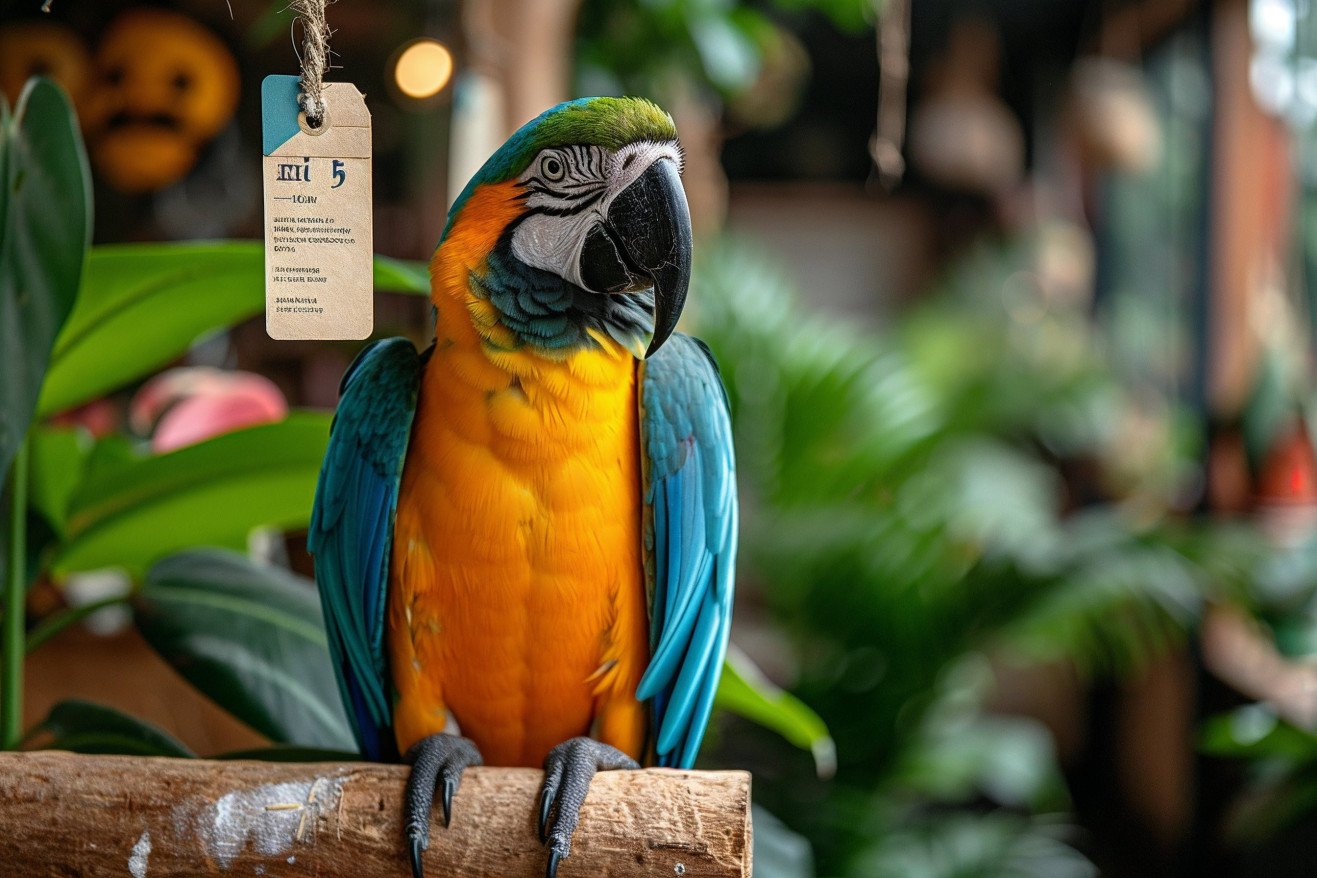 Colorful Macaw parrot on a wooden stand with price tags, in a pet-friendly home setting