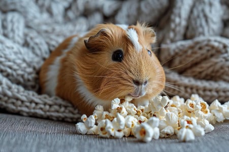 Curious guinea pig sniffing freshly popped popcorn on a clean floor