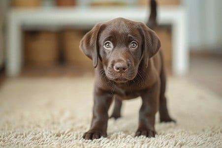 Curious Labrador retriever puppy with a chocolate brown coat taking its first steps on a soft carpeted floor, its tail wagging excitedly as it explores its surroundings