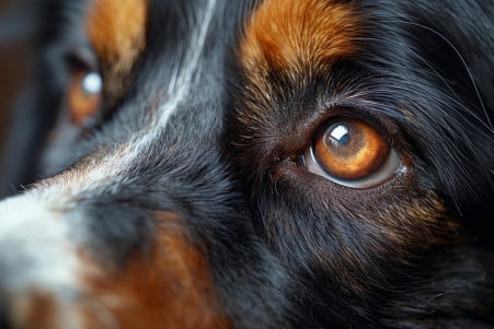 Detailed portrait of a Bernese Mountain Dog with a fatty lump protruding from the upper eyelid