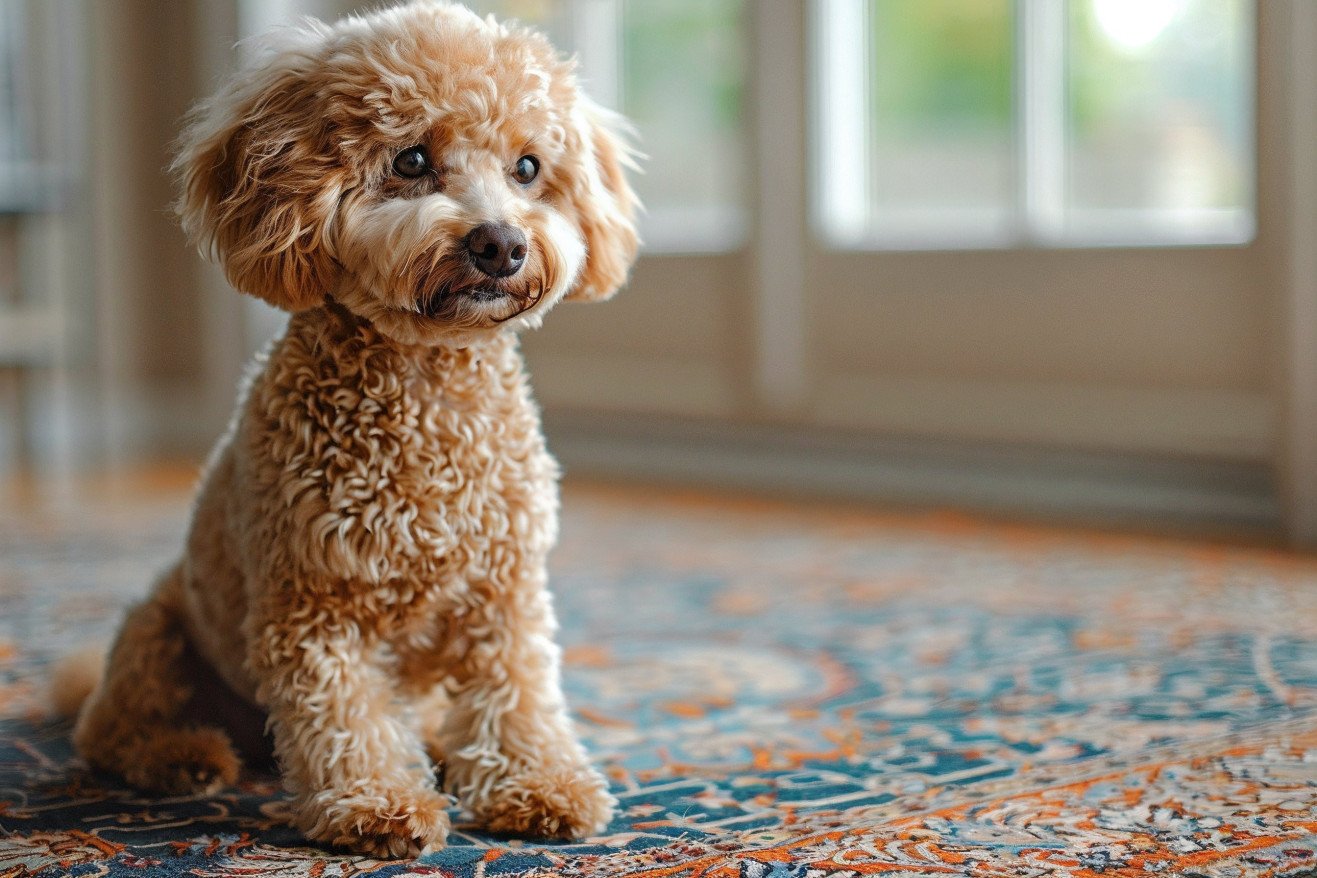 Concerned-looking Poodle sitting on a patterned rug, one hind leg raised as if attempting to scratch or rub its rear end