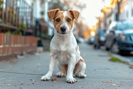 A Jack Russell Terrier with a white and tan coat pacing on a sidewalk before squatting down to relieve itself in a residential neighborhood