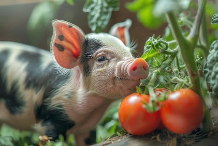 Small spotted piglet cautiously sniffing a tomato plant in a cozy indoor setting