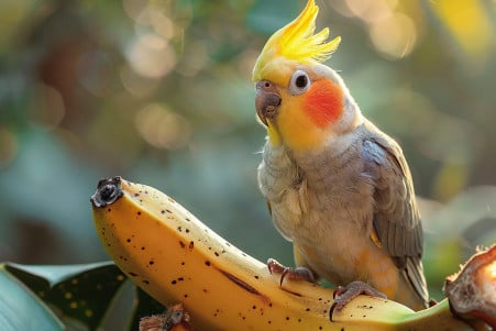 Cockatiel with bright yellow face and crest perched on the edge of a ripe banana