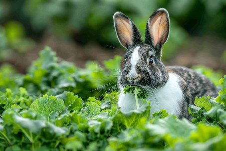 A Dutch rabbit with distinctive black and white markings happily eating turnip tops in a lush vegetable garden