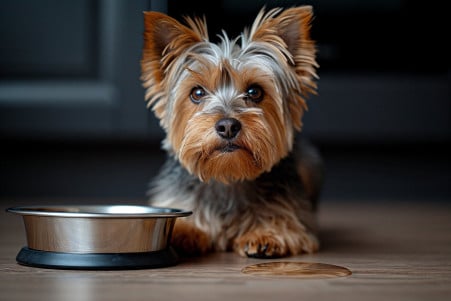 Yorkshire Terrier with a worried expression beside a spilled water bowl on a kitchen floor