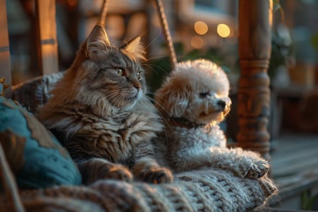 Elderly-looking Maine Coon cat and alert Poodle resting on a porch swing in soft, golden lighting