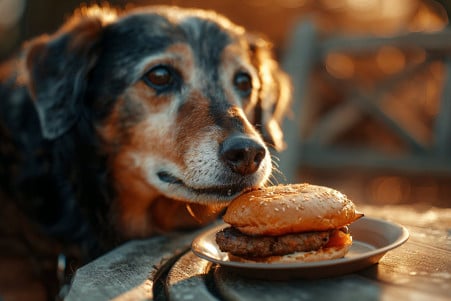 Mutt dog happily eating a miniature hamburger patty on a plate, with the owner watching in the background