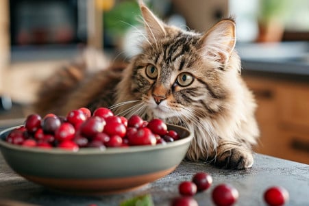 Maine Coon cat batting at a bowl of fresh cranberries on a kitchen counter