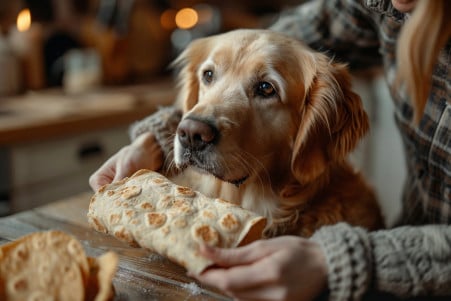 Dog owner holding a flour tortilla out of reach from an eager Golden Retriever