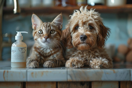 Tabby cat and Labradoodle sitting side-by-side on a bathroom counter, with the cat eyeing the dog suspiciously as the dog sniffs a bottle of cat shampoo