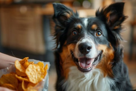 Border Collie sitting politely and looking up expectantly as its owner holds a bag of corn chips