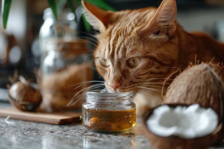 Orange tabby cat sniffing and investigating a jar of coconut oil and a cracked open coconut on a kitchen counter