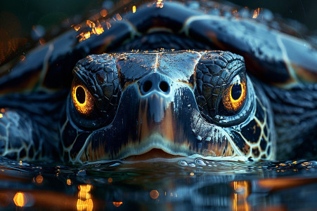Close-up of a green sea turtle with large, glowing eyes peering out from the dark underwater scene